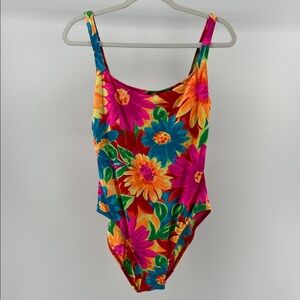 Vintage Sessa Vibrant Floral Lace-Up Back One Piece Swimsuit, Women's 14